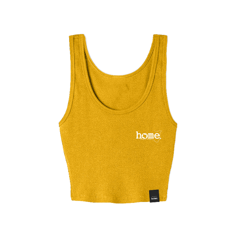home_254 MUSTARD YELLOW MUSHIE VEST TOP WITH A WHITE 3D WORDS PRINT 