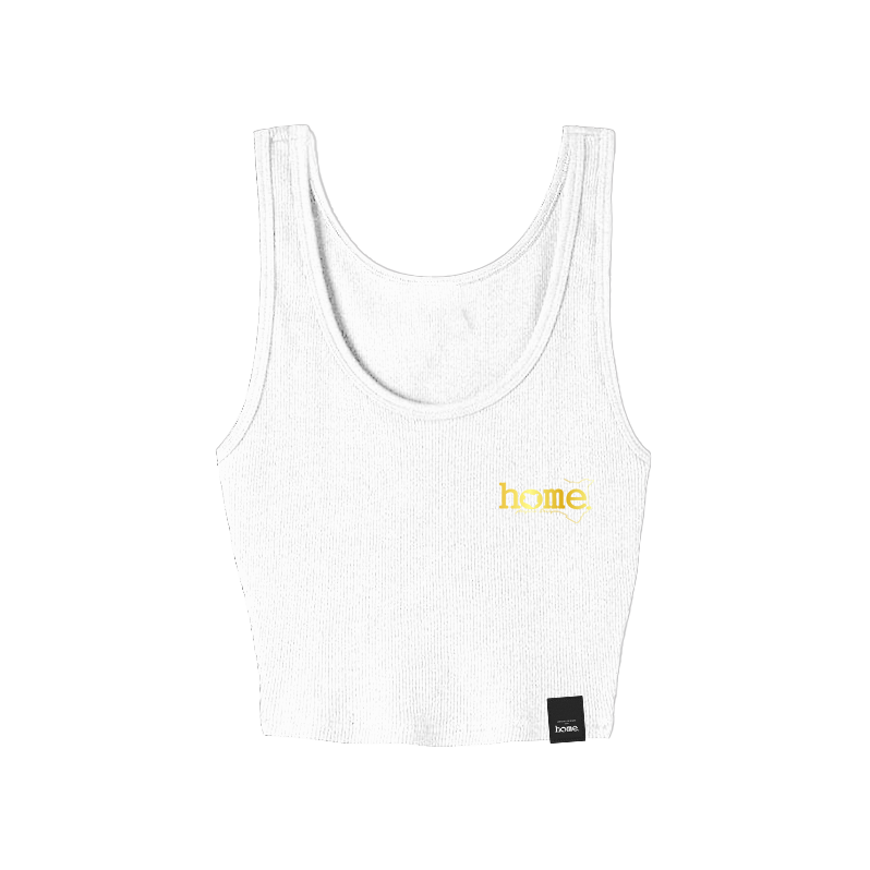 home_254 WHITE MUSHIE VEST TOP WITH A GOLD 3D WORDS PRINT 