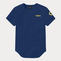 JBeeJura | home-254 navy blue classic man elongated hem t-shirt with gold tag print