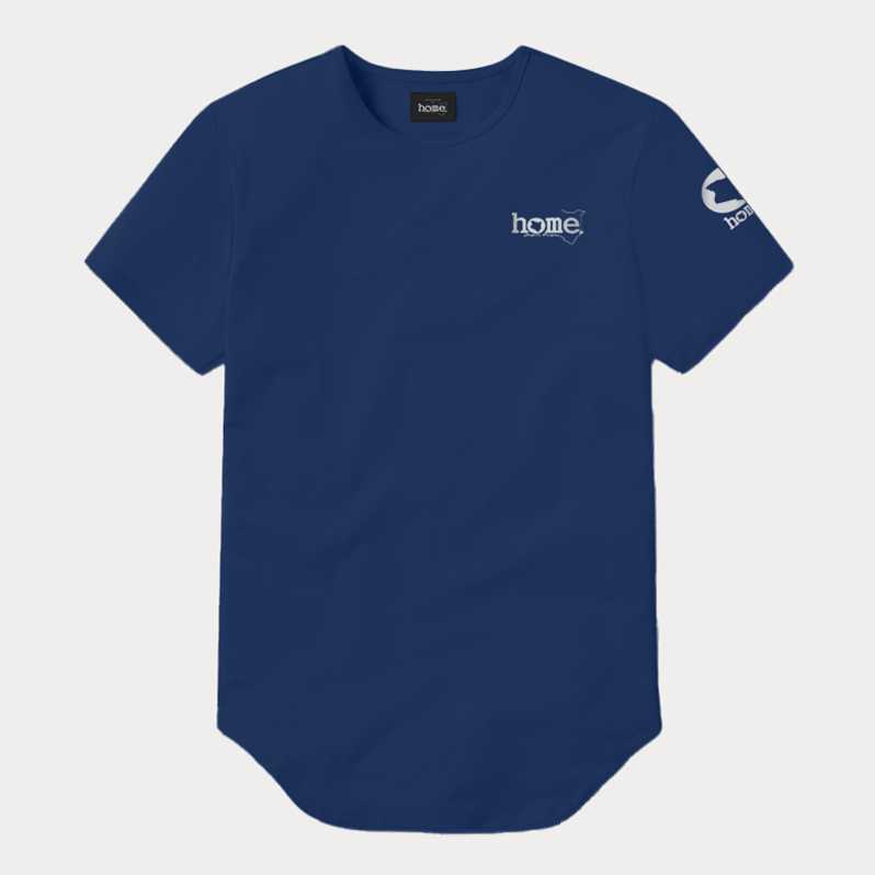 JBeeJura | home-254 navy blue classic man elongated hem t-shirt with silver tag print