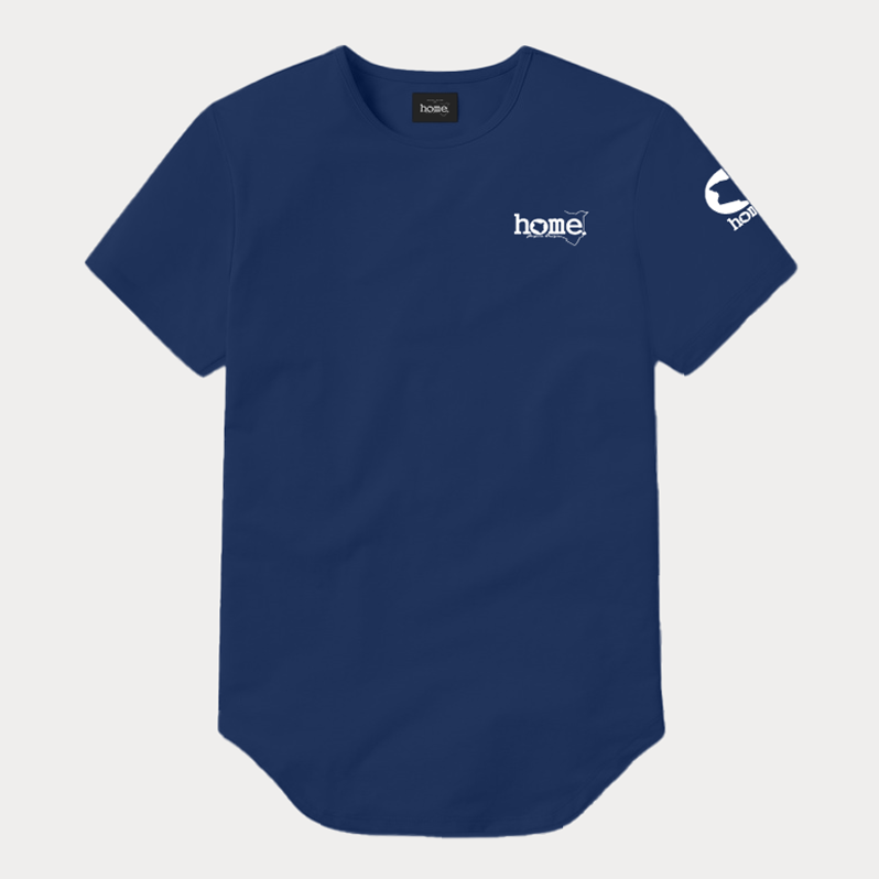 JBeeJura | home-254 navy blue classic man elongated hem t-shirt with white tag print