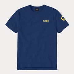 JBeeJura | home-254 navy blue classic man split hem t-shirt with gold tag print
