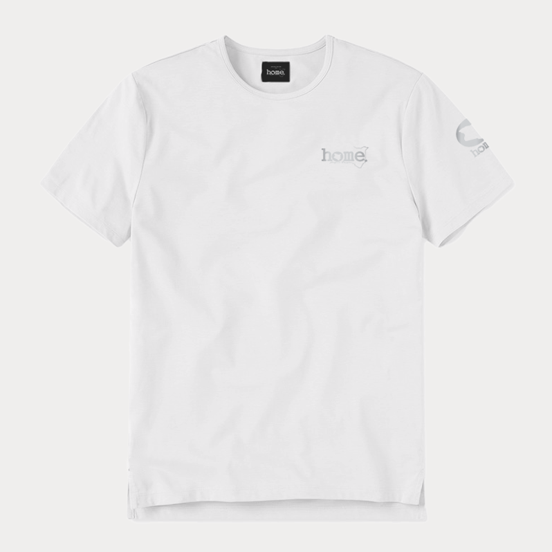 JBeeJura | home-254 white classic man split hem t-shirt with silver tag print